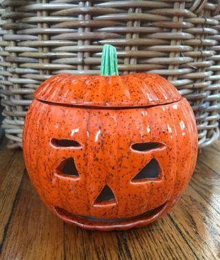 Vintage Ceramic Halloween Pumpkin Jack O Lantern Candle Holder Light 6.  5 " Euc