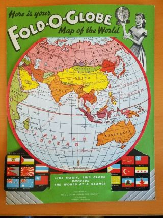 Vintage 1940s Fold - O - Globe Folding Map Of The World With Store Cardboard Backing