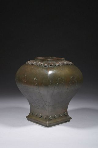 Antique Chinese Bronze Square Vase With Eight Immortals,  Qing Dynasty