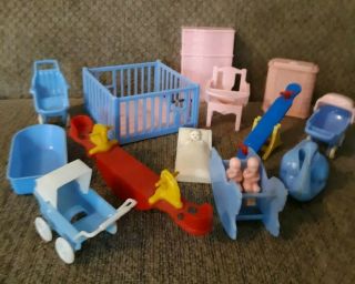 Renwal Nursery W/ Baby,  Vintage Plastic Dollhouse Furniture Acme Ideal 1:16