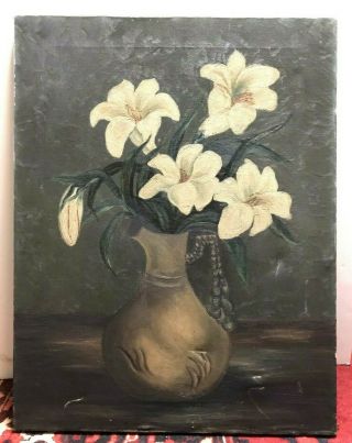 Large Antique 19th Century Oil Painting Of Flowers On Canvas Unsigned