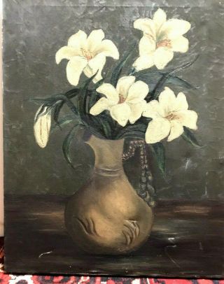 Large Antique 19th Century Oil Painting of Flowers on Canvas Unsigned 2