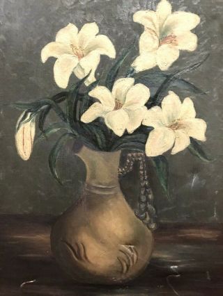 Large Antique 19th Century Oil Painting of Flowers on Canvas Unsigned 3