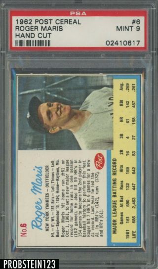 1962 Post Cereal 6 Roger Maris York Yankees Psa 9 Only 1 Higher