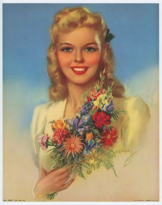 Vintage 1940s Art Deco Jules Erbit Good Girl Art Pin - Up Print Blonde W Flowers