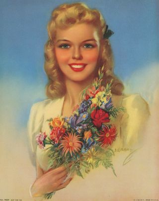 Vintage 1940s Art Deco Jules Erbit Good Girl Art Pin - Up Print Blonde w Flowers 2