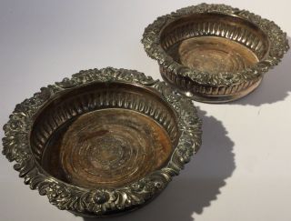 Pair Antique Georgian Old Sheffield Plate Wine Coasters - Silver Plate On Copper