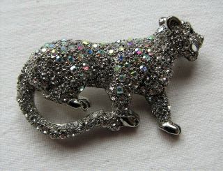 Vintage Leopard Big Cat Brooch Pin Aurora Borealis Crystals Glass Stones