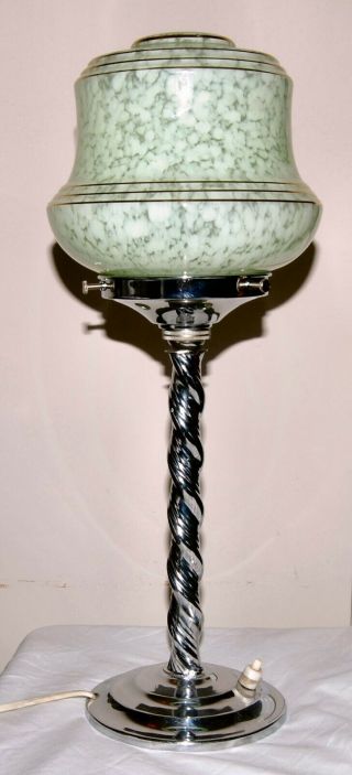 Authentic Art Deco Chrome Table Lamp & Green Marbled Glass Shade