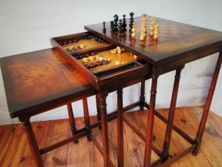 Antique Chess Backgammon Nest Of Table Plus Chess Set And Counters