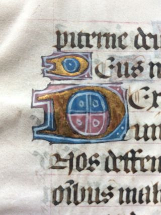 Illuminated Manuscript Leaf From A Book Of Hours C.  1400 - 1450 Gold Initials