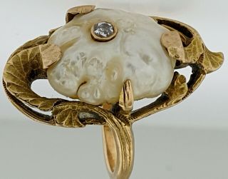 Antique Art Nouveau Ring Signed 14k Gold Natural Baroque Pearl,  Diamond French 3