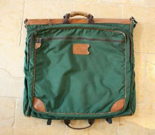 Vintage L.  L.  Bean Green Canvas & Brown Leather Garment Travel Bag Luggage