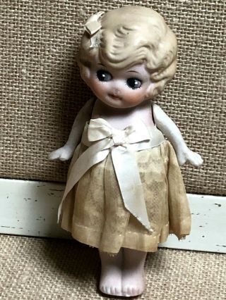 Vintage Bisque Kewpie Doll With Jointed Arms & Dress & Bow Made In Japan