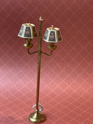 Vintage Miniature Dollhouse Artisan Brass Floor Stand Double Lamp Custom Shades
