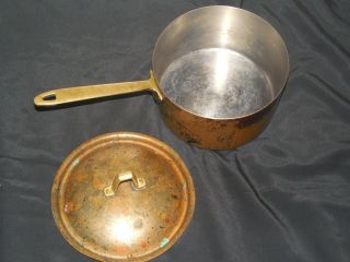 Vintage Heavy Copper Brass Handle Tin Lined Cooking Pot Pan With Lid