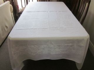 Gorgeous Vintage White Irish Linen Damask Tablecloth - Huge Roses And Ribbons