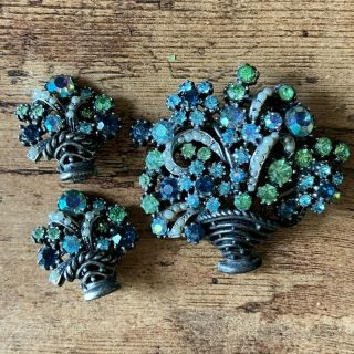 Vintage Signed Art Flower Basket Rhinestone Brooch & Earrings W/pearls