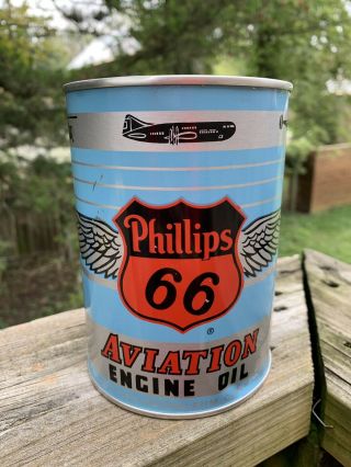 Rare Vintage 1950s Phillips 66 Aviation Airplane Motor Oil Metal Can Sign - Empty