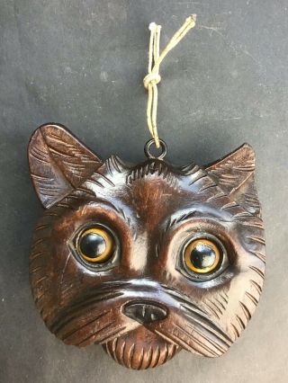 Rare Antique Black Forest Carved Wooden Cat Pull Tounge Rolling Eyes