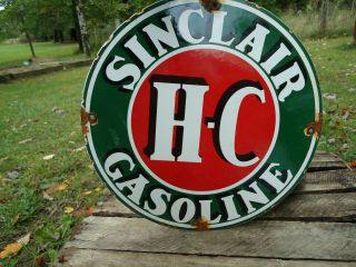 Vintage Sinclair H - C Gasoline Porcelain Enamel Gas Pump Station Sign