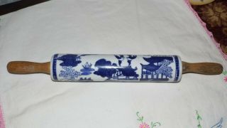 Vintage Blue Willow Porcelain Wood Handles Rolling Pin Stamped Willow