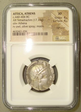 440 - 404 BC Attica,  Athens Ancient Greek Silver Tetradrachm NGC XF Full Crest 3