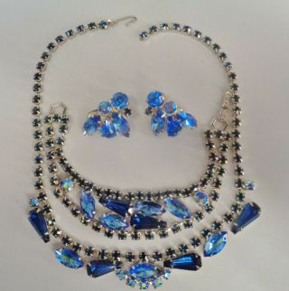 Vtg Juliana Ab Blue Rhinestone Silver Bracelet Necklace & Earrings