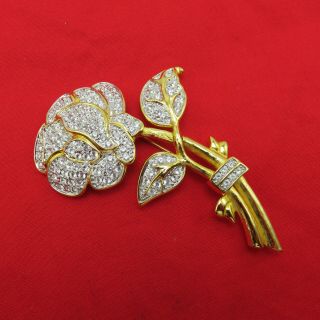 Nolan Miller Vintage Crystal Statement Brooch Pin Pave Gold Rose Signed 966k