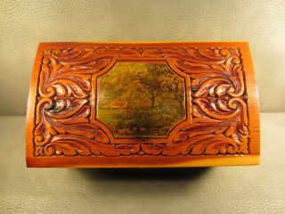 Vintage Wood Jewelry Box Hand Carved Lid Mirror Decoupage Dove Tail 2 Of 3