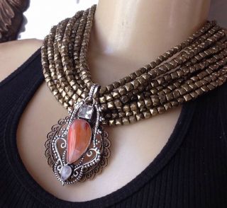 Vintage Necklace Huge Fire Agate Pendant Moonstone Detail Wide Beaded Collar