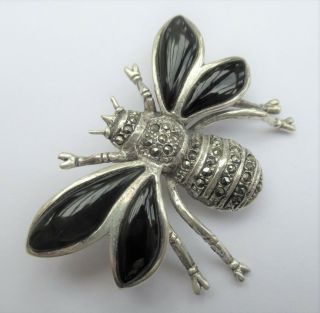 Vintage Sterling Silver (925),  Marcasite & Black Agate Bee/bug Brooch Pin