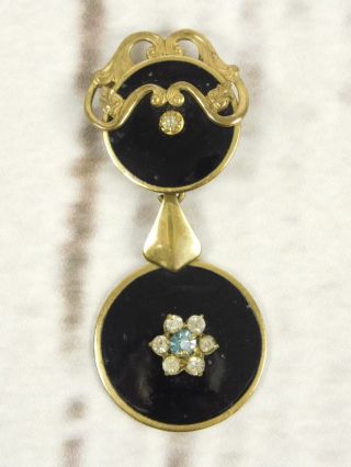 Vintage Victorian Ornate Black Enamel Gold Tone Rhinestone Pendant Brooch Pin