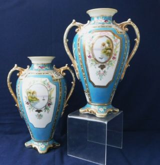 Antique Noritake Large Turquoise Blue & Gilt Vases 24cms