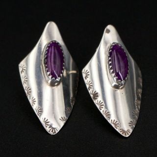 Vtg Sterling Silver - Navajo Stamped Sugilite Statement Post Earrings - 5g