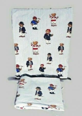 Vtg Ralph Lauren Classic Pillowcases Polo Teddy Bears Blue & White Stripes Usa
