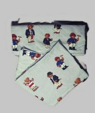Vtg Ralph Lauren Classic Pillowcases Polo Teddy Bears Blue & White Stripes USA 3