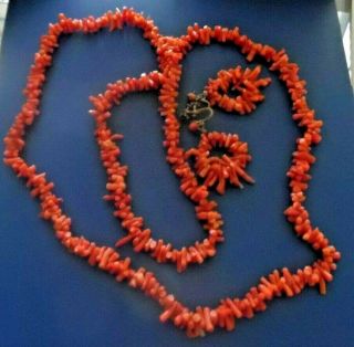 Vintage Italian Red Coral Necklace & Earrings.  Dogbone Style.  80cms Long