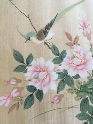 Lovely Vintage Framed Chinese Silk Watercolour Painting Bird On Tree,  Flowers