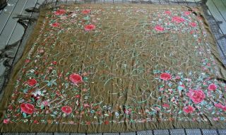 Antique Chinese Piano Shawl Scarf Canton Silk Embroidered Figural Throw Textile