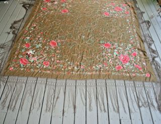 Antique CHINESE PIANO SHAWL Scarf Canton SILK Embroidered Figural Throw Textile 3