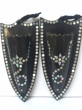 Rare Matching Pair Antique Black Varnished Mother Of Pearl Bovine Wall Pockets