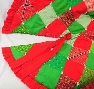 Vintage Handmade Christmas Tree Skirt Quilted Patchwork Retro Ruffle 42 Inch Red