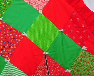 Vintage Handmade Christmas Tree Skirt Quilted Patchwork Retro Ruffle 42 inch Red 3