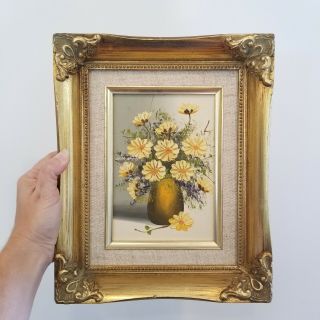 Vtg Shabby Cottage Floral Still Life Daisies Bouquet Signed Painting Gold Frame