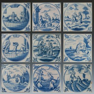 9 Dutch Delft Blue Biblical Ltiles,  18th.  Century.