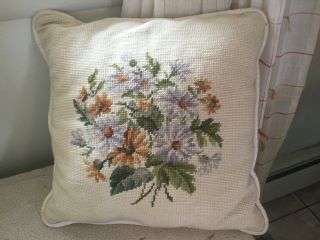 Vintage Needlepoint Pillow With Flower Bouquet Ivory Green Gold Lavender Colors