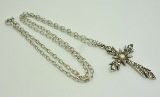 Rare Antique 19thc French Sterling Silver Paste Set Cross Pendant & Chain