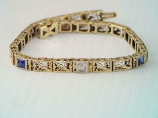 Antique Art Deco 14k Gold Diamond & Blue Sapphire Filigree Bracelet Gorgeous