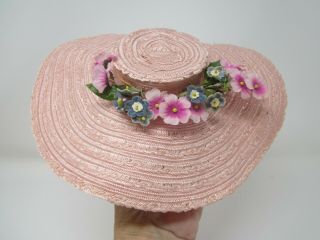 Vtg 50s Floppy Pink Straw Doll Hat Millinery Flower Fashion Madame Alexander ?